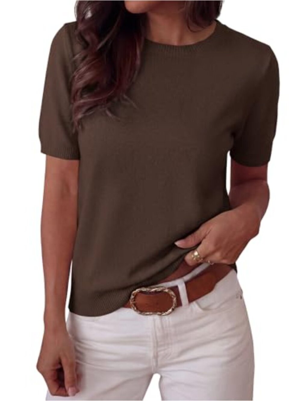 Women's Loose Fit Short Sleeve Knit Sweater Top Crew Neck Lightweight